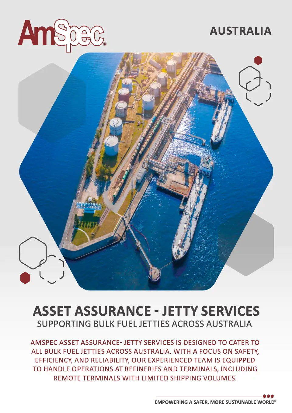 AmSpec flyer for asset assurance, jetty services in Australia.